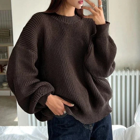 Brown Boho Womens Eyelet Detail Ribbed Knit Drop Shoulder Sweater - Picture 2 of 5